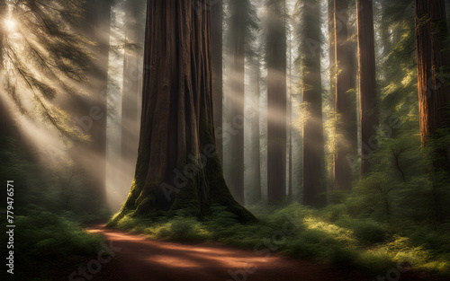 Ancient redwoods in morning mist, towering trees, sunbeams filtering through, mystical and serene photo