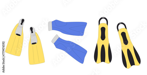 Flipper isolated on white background. Pair of diving fins. Line art vector illustration.