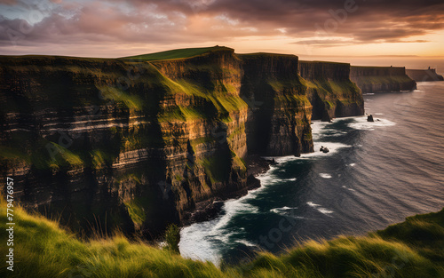 Dramatic Cliffs of Moher at sunset  rugged coast  powerful waves  wild  untouched beauty