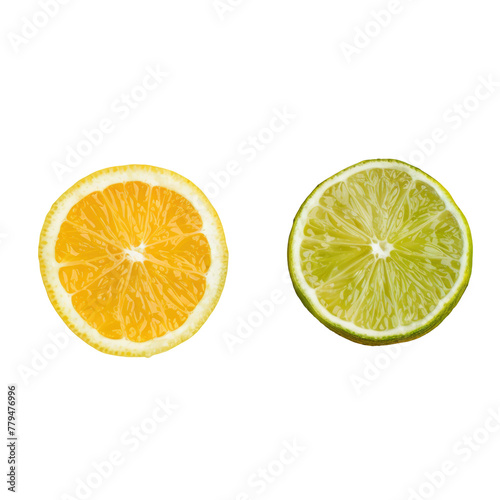 Half of an orange and lime halves on a transparent background