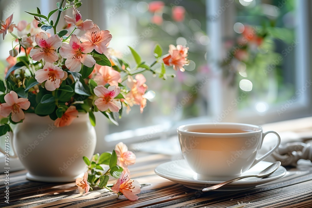 A serene scene unfolds on a wooden table, featuring a comforting cup of tea accompanied by a delicate vase of flowers and a gleaming tea spoon, inviting moments of tranquility and relaxation. A serene scene unfolds on a wooden table, featuring a comforting cup of tea accompanied by a delicate vase of flowers and a gleaming tea spoon, inviting moments of tranquility and relaxation.
