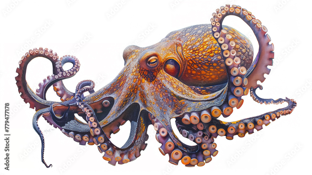 Obraz premium Octopus in painted on canvas Isolated on white background.