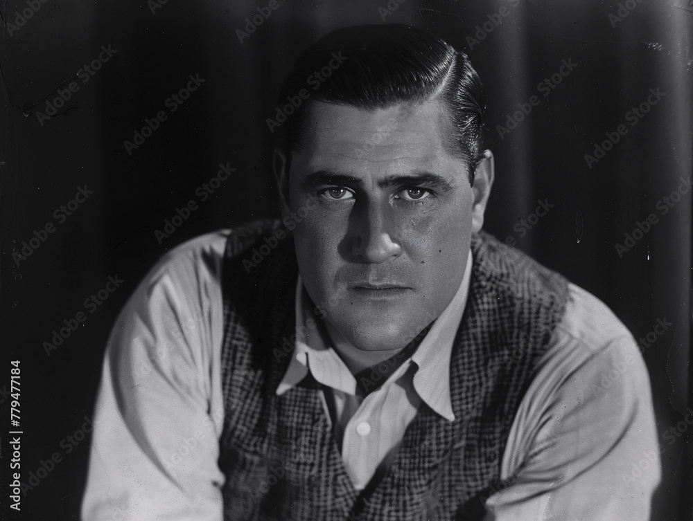 Fototapeta premium Vintage black and white portrait of a man in formal attire from early 20th century, embodying a historical fashion style