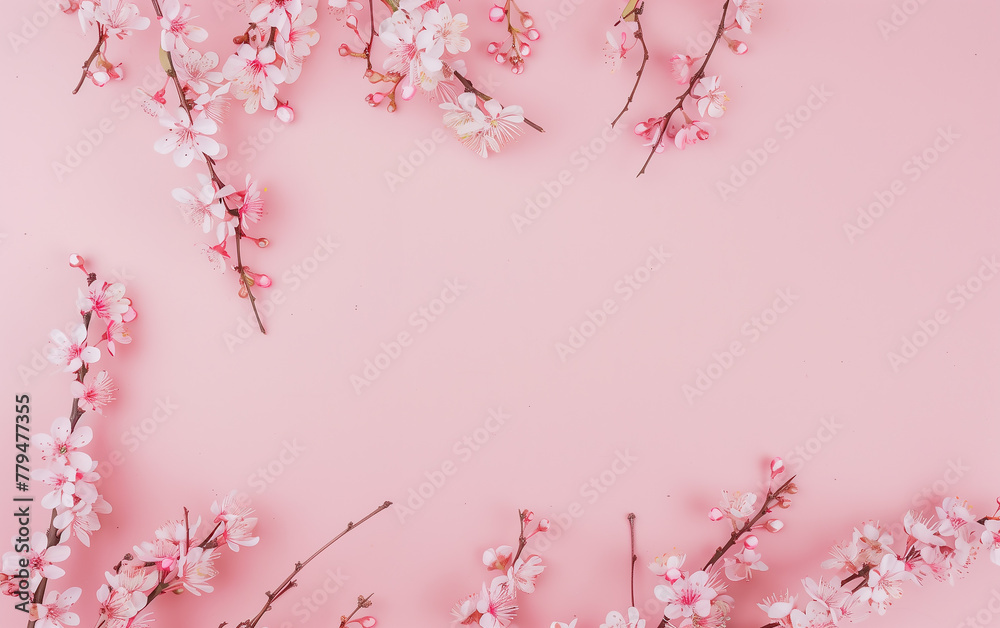 Obraz premium Sakura, cherry blossoms in full bloom on a pink background.