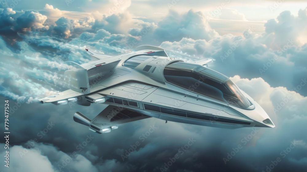 Obraz premium Futuristic Airplane Flying Through Clouds