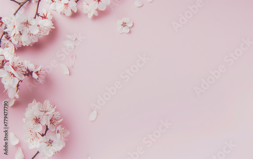 Sakura, cherry blossoms in full bloom on a pink background.