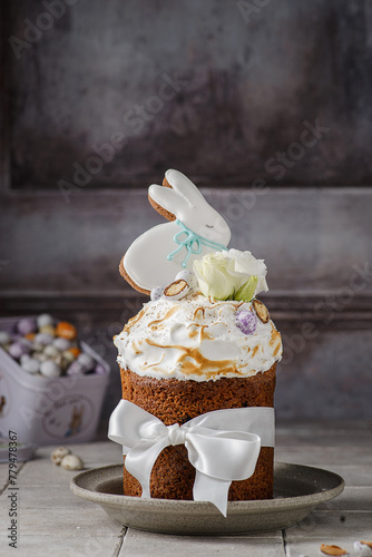 Easter cake decorated with meringue and chocolate eggs