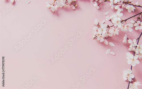 Sakura, cherry blossoms in full bloom on a pink background.