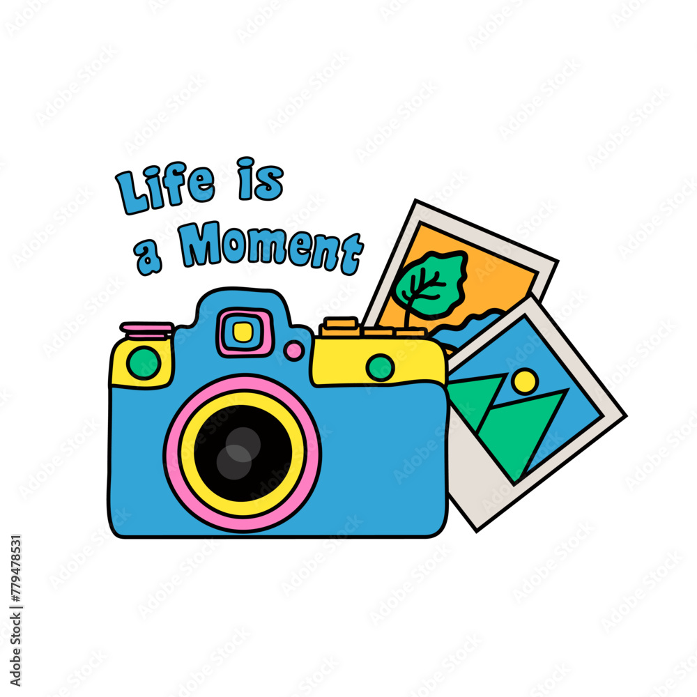 Bright doodle camera hand drawn with photo and inscription on a white background, vector retro illustration in u2k style, with inscription eps 10 Bright doodle camera hand drawn with photo and inscription on a white background, vector retro illustration in u2k style, with inscription eps 10