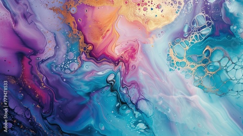 Vibrant abstract acrylic pour painting with a colorful blend of orange, yellow, blue, and white creating a dynamic, fluid art background.