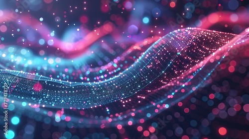 Abstract digital wave with particles and a bokeh effect, representing network, big data, or technology concepts on a blue and pink background.