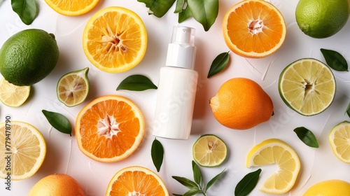 Aesthetic blend of citrus fruits and a bottle of face cream  AI generated illustration photo