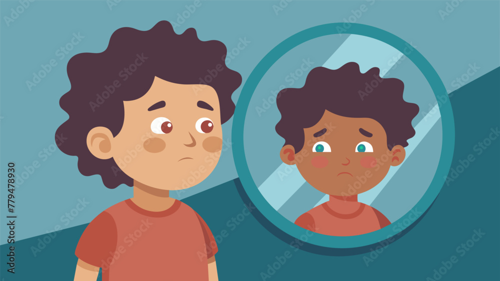 A drawing of a child looking sadly at his reflection in a mirror with a distorted and unclear image representing the struggles with A drawing of a child looking sadly at his reflection in a mirror with a distorted and unclear image representing the struggles with