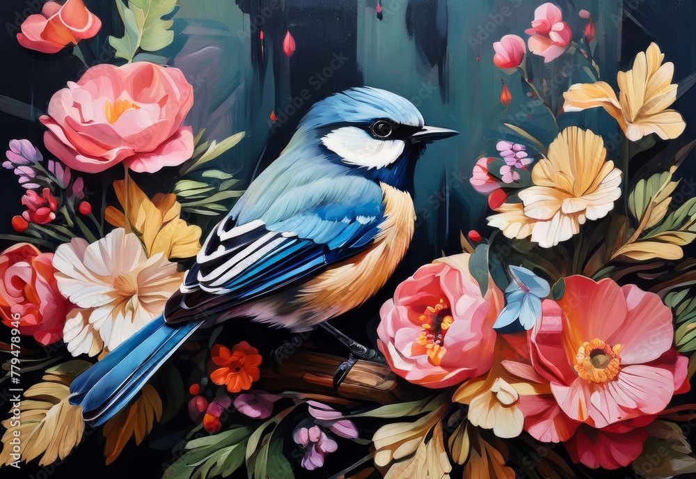 Blue tit bird sitting on a tree branch with bright gouache flowers, watercolor Blue tit bird sitting on a tree branch with bright gouache flowers, watercolor
