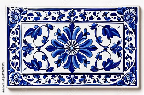 Blue and white tiles with Gzhel style ornaments, Mediterranean porcelain pottery isolated on white background photo
