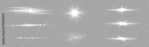  Set of light effects. Glare and flash. Bright beams of light. Glowing lines. Vector illustration.Dust. Christmas Flash.