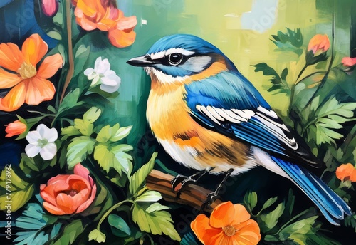 Blue tit bird sitting on a tree branch with bright gouache flowers, watercolor