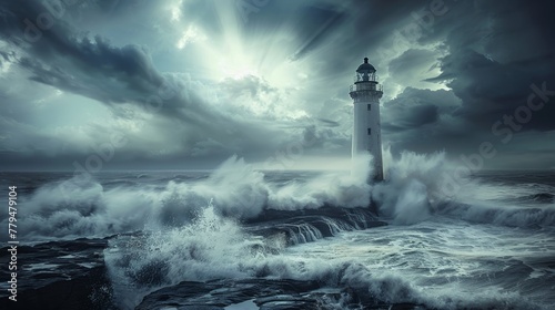 An abandoned lighthouse standing tall against crashing waves and stormy skies AI generated illustration