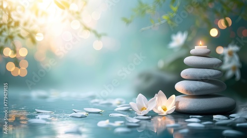 Tranquil spa concept with stacked stones, white orchid flowers, and serene water surface with bokeh lights. photo