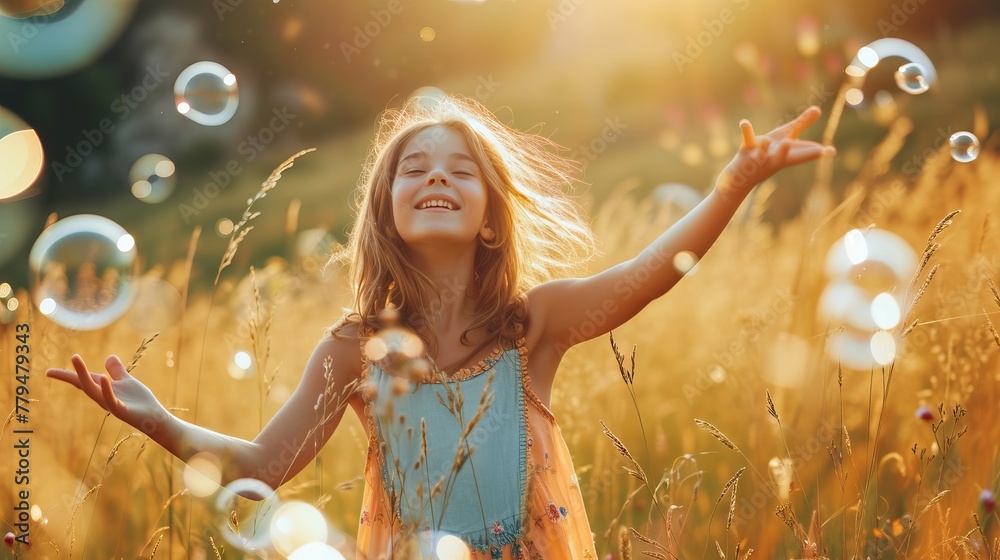 © Svfotoroom - Joyful young girl playing with bubbles in a sunlit meadow