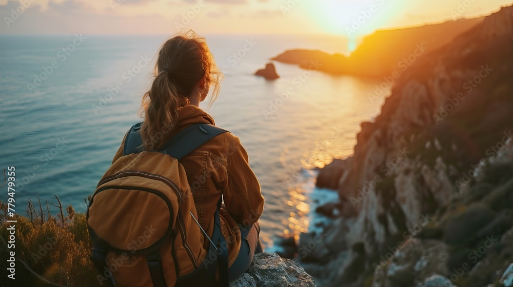 Woman with backpack watching sunset over sea from cliff. Travel and adventure concept.