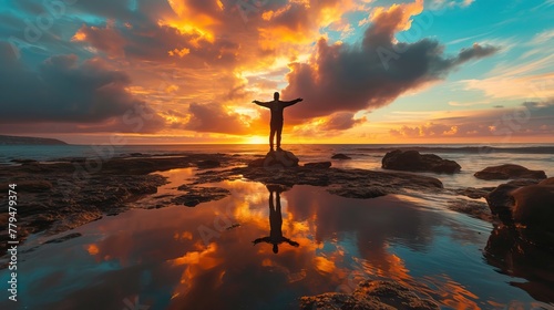 Silhouette of a person with arms outstretched on the beach at sunset, with vibrant sky reflection on water.