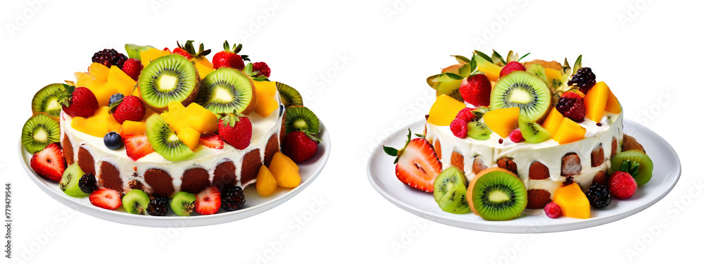 Sponge cake with kiwi, berries and strawberries, isolated on transparent background