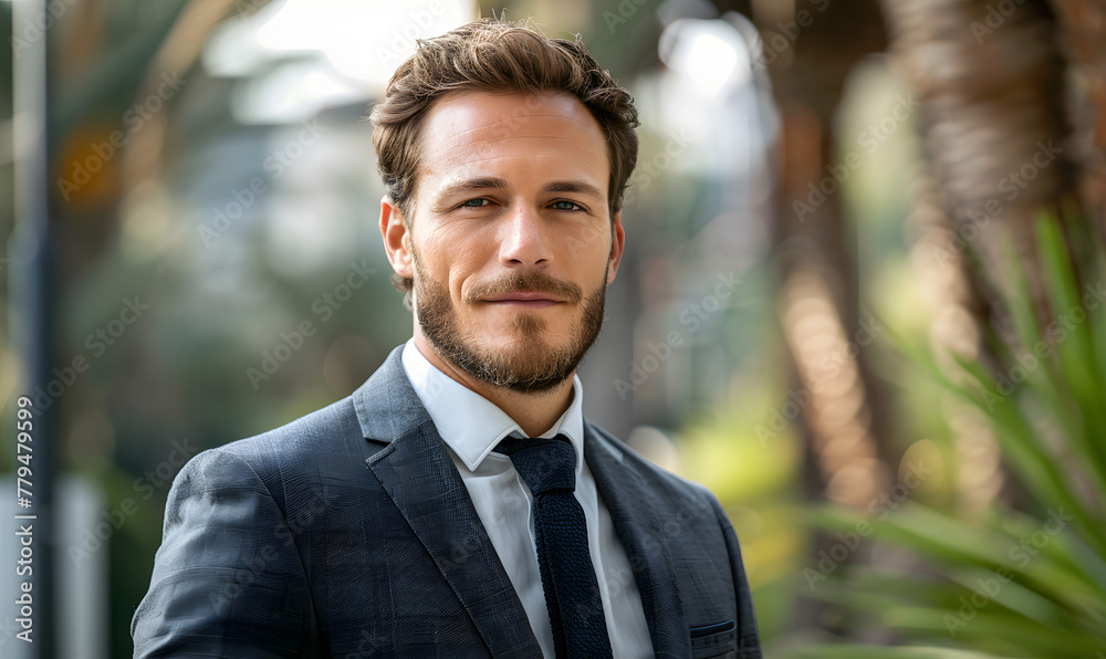 businessman in suit looking at camera outdoors, Generative AI businessman in suit looking at camera outdoors, Generative AI