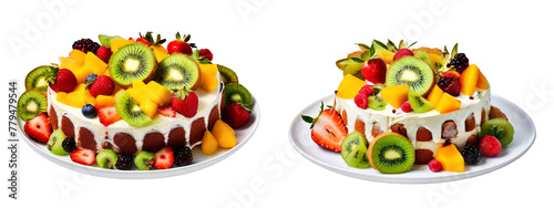 Sponge cake with kiwi, berries and strawberries, isolated on transparent background