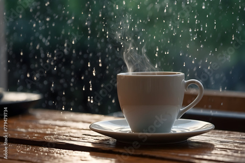 A cup of coffee in a rainy day