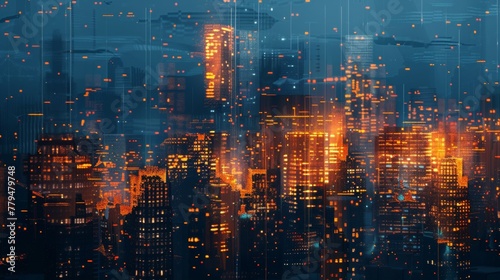 An abstract interpretation of a city skyline at night AI generated illustration