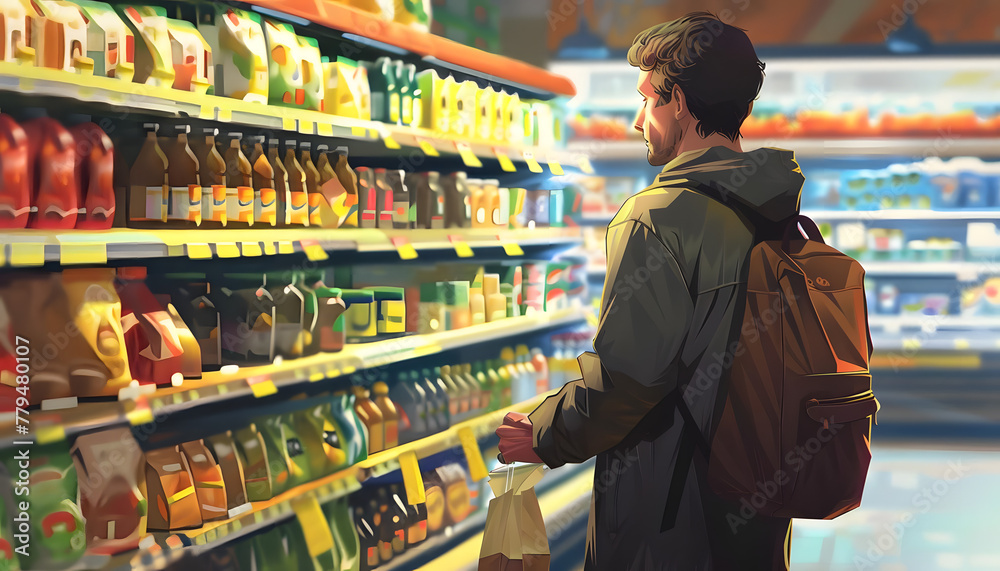 Icon of a shopper at the grocery store carefully selecting items for your weekly meals when sudd Generative AI