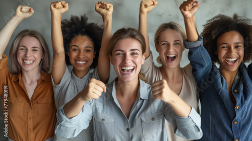 Excited overjoyed diverse business people, team celebrate corporate victory together in office on white color background professional photography photo