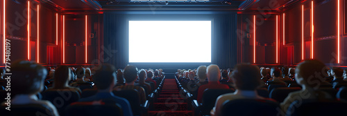 Movie theater blank screen mock up modern cinema with people on red seats template, Modern Cinema Mockup: Blank Screen with Audience on Red Seats