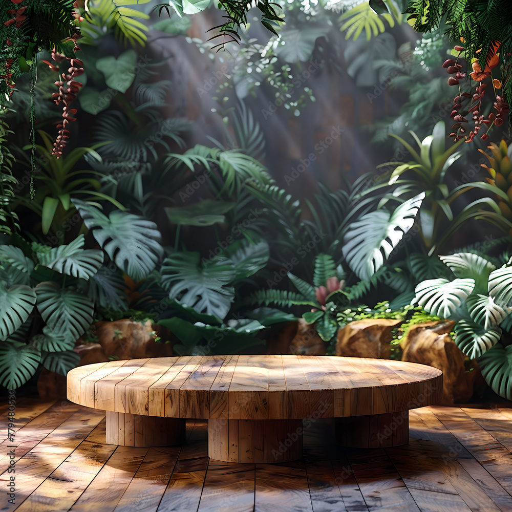 Wooden Podium in Tropical Leafy Ambiance