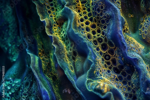 Close-up of a colorful and textured marine organism surface, resembling underwater scenery.