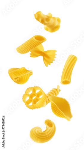 Falling uncooked Italian Pasta, isolated on white background, full depth of field