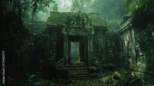 An ancient temple hidden deep in the jungle  AI generated illustration
