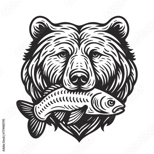 bear eat fish line art