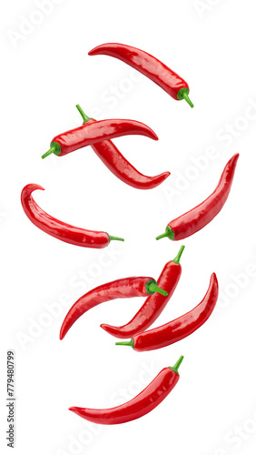 Falling red hot chili peppers isolated on white background
