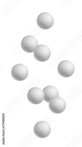 Falling Golf ball isolated on white background, full depth of field