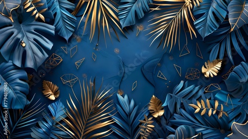 Exotic Tropical Foliage with Geometric Golden Accents Against Midnight Blue Background
