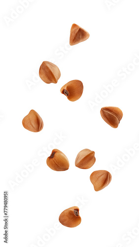 Falling Buckwheat isolated on white background, full depth of field