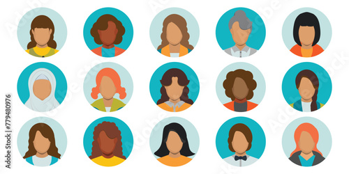 People portraits of faceless females faces at round frame.