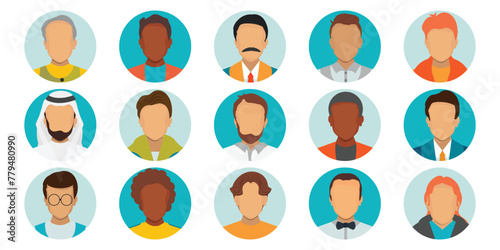 People portraits of faceless males faces at round frame.