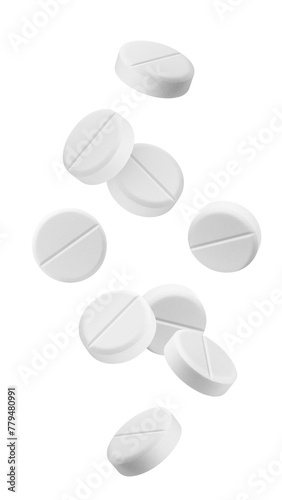 Fotografie Falling Pills isolated on white background, full depth of field