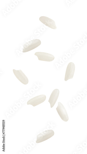 Fotografie Falling Rice isolated on white background, full depth of field