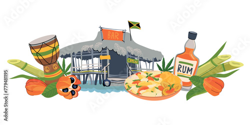 Composition with the sights of Jamaica. Traditional food, drum, beach bar, national fruit ackee, Rastafarianism, waterfall, rum. Vector for the design of travel brochures, tourist maps.