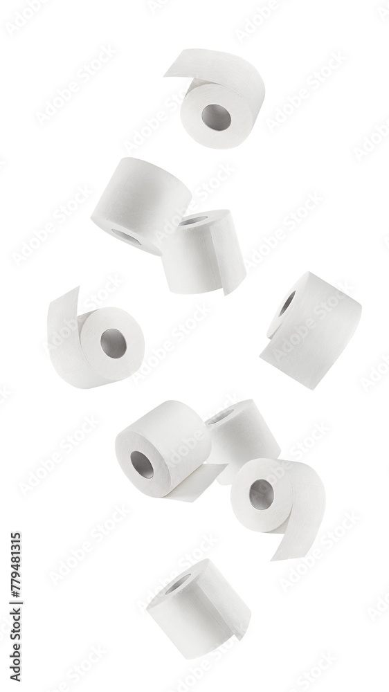 Falling Toilet paper isolated on white background, full depth of field - obrazy, fototapety, plakaty 