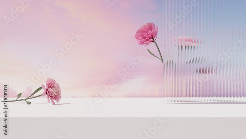 Fototapeta Naklejka Na Ścianę i Meble -  3D rendering image illustration of empty space podium display for product mockup flower background